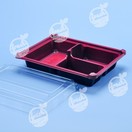 กล่องอาหาร PP ดำ/แดง 3 ช่อง (EX) + ฝา PET วางช้อน (25 PCS/PACK)